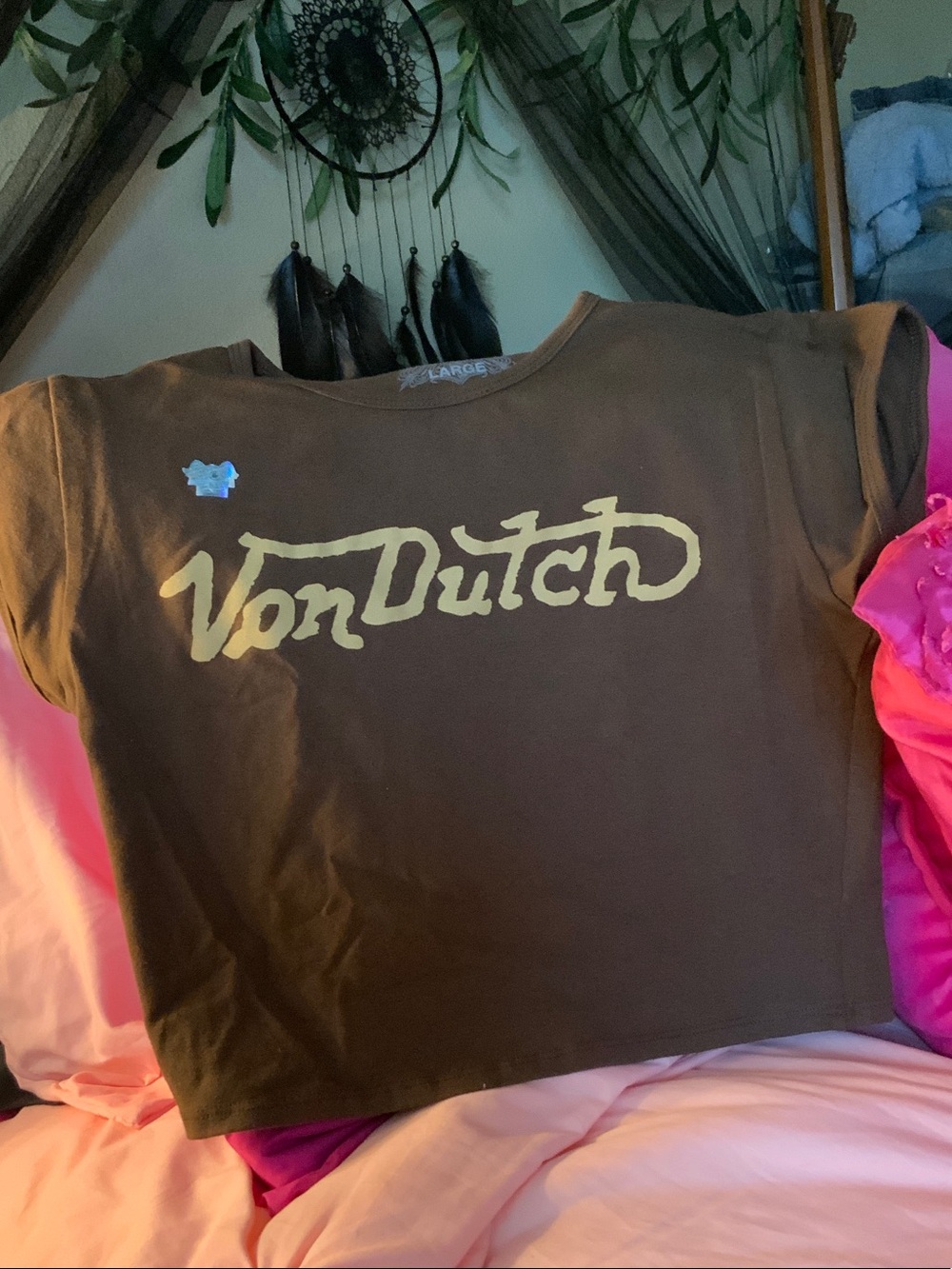 Von Dutch brown Crop Tee with Yellow Logo